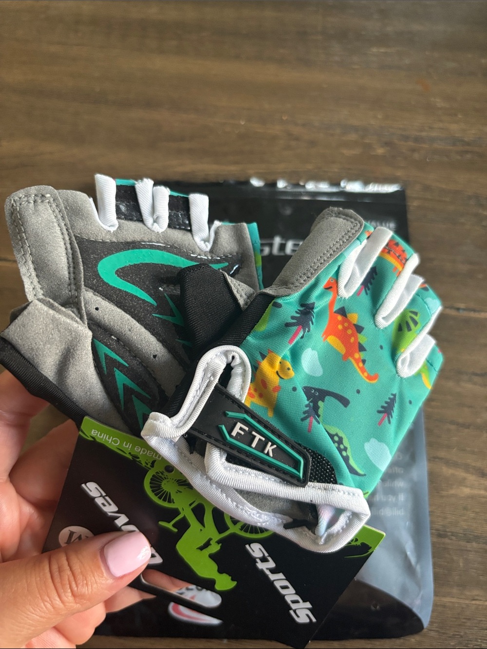 GLO jeans Kids Cycling Mittens with Teal Dinosaur Print